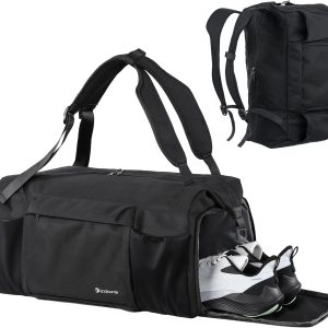 Gym Bag for Men with Shoes Compartment and Wet Pocket Convertible Duffle Bag and Gym Backpack Waterproof Sports Bags for Men with 2 Bottle Holders Multipurpose Weekender Overnight Bag -Black